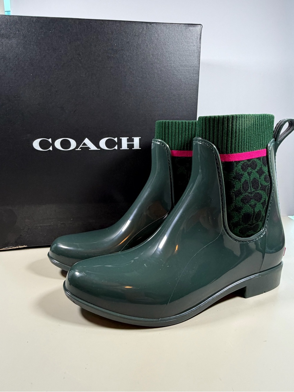 COACH Green Glossy Rain Chelsea Boots with Pink Trim